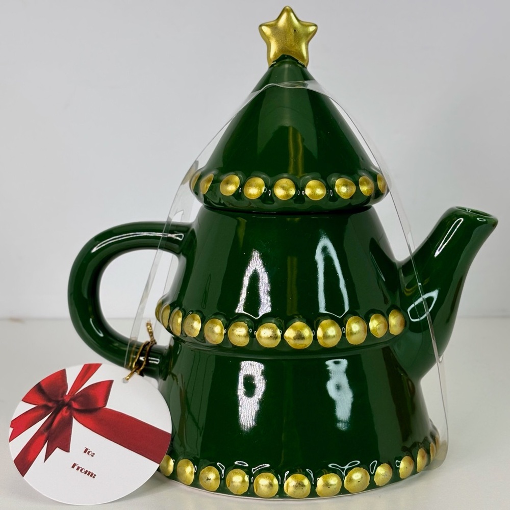 CHRISTMAS TREE Jug 8”H X 6” Green With Gold Connections - Ceramic New